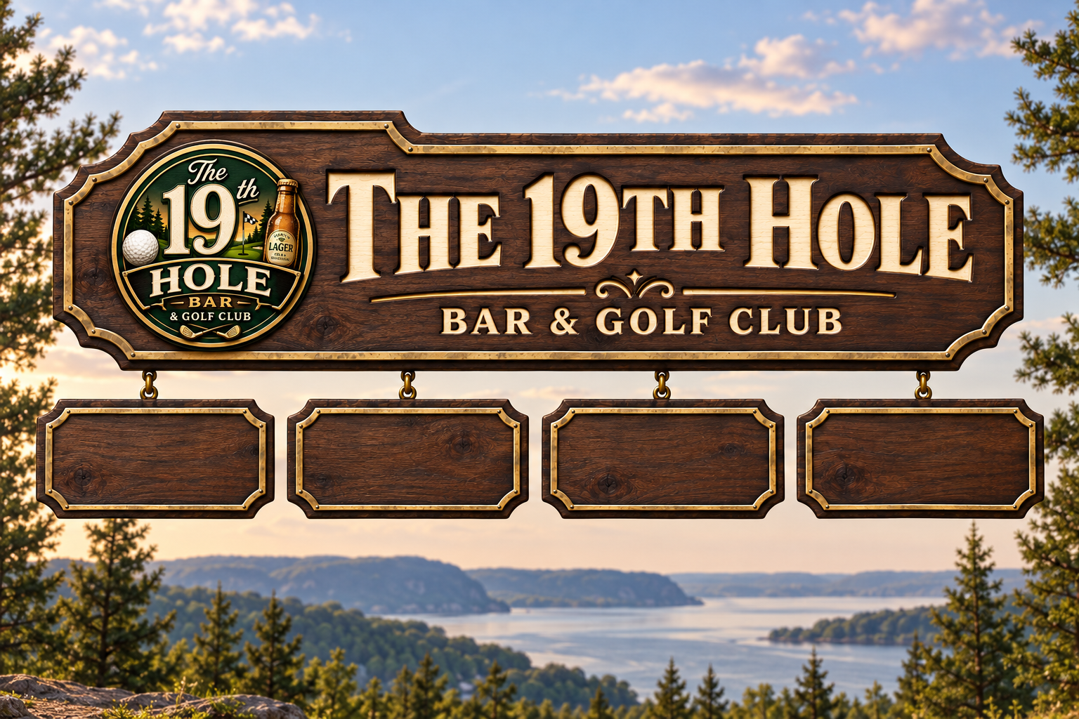 Carved wooden The 19th Hole sign with logo and four hanging wooden menu signs over a Lake Pepin landscape