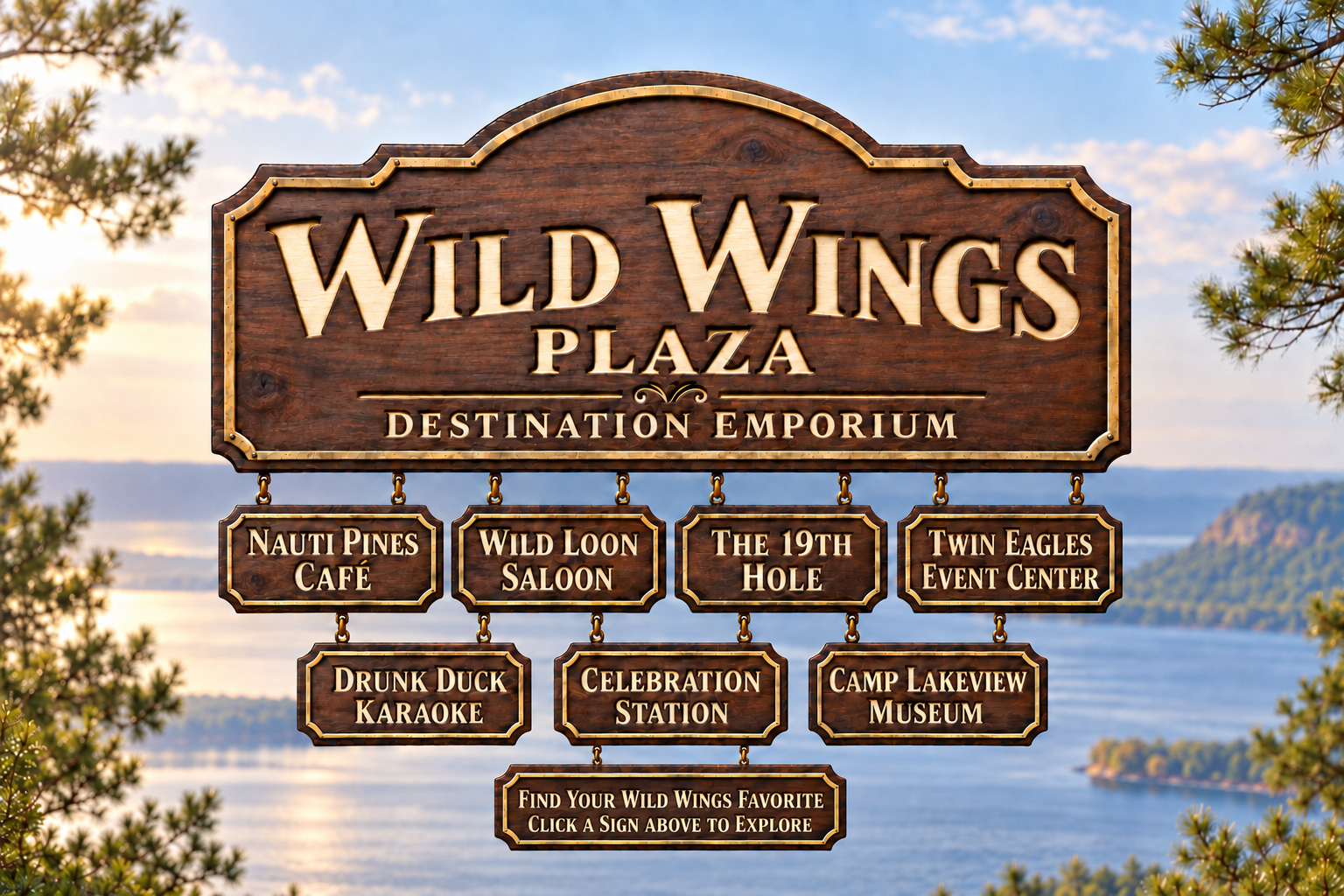 Carved Wild Wings Plaza directory sign overlooking Lake Pepin